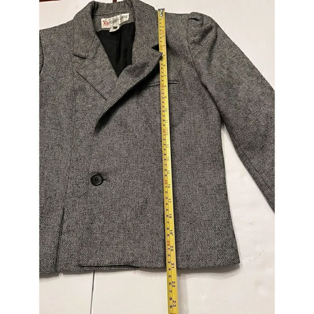PEABODY HOUSE Blazer Jacket Womens Jrs Sz 7/8 Herringbone‎ Tweed Black Gray Vtg
